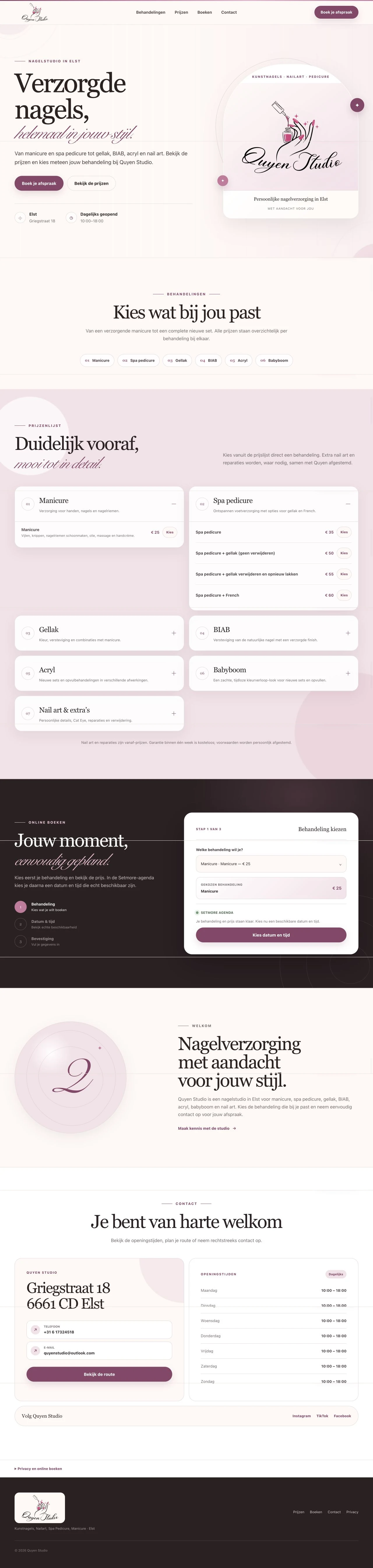 The actual Quyen Studio website, including treatments, prices and the booking journey